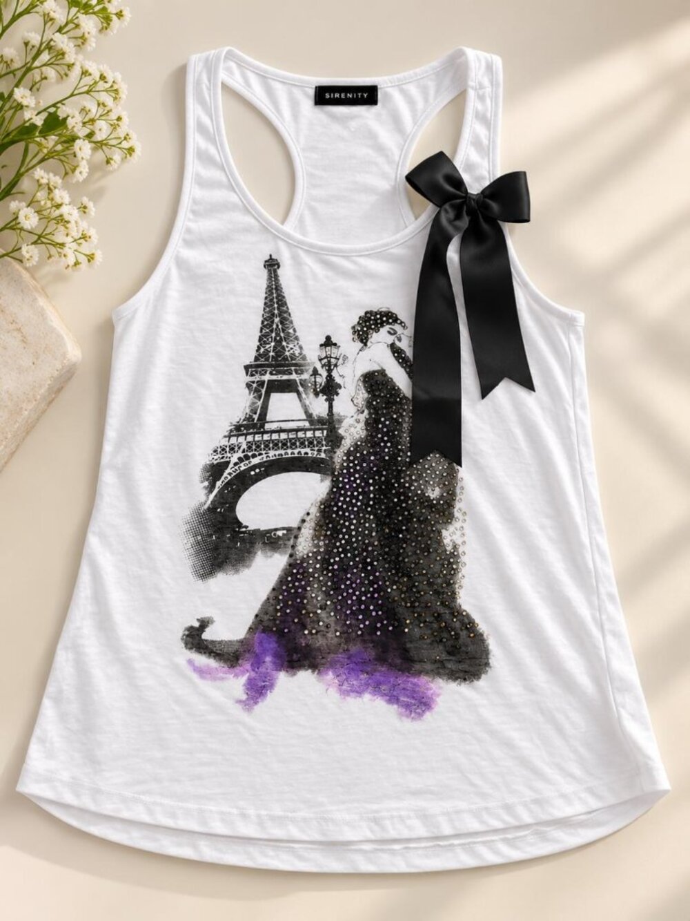 White Tank Top Black Bow